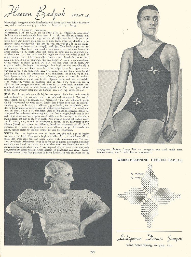 Foto en een patroon voor een gebreid herenbadpak uit Praten en Breien, jaren '30
